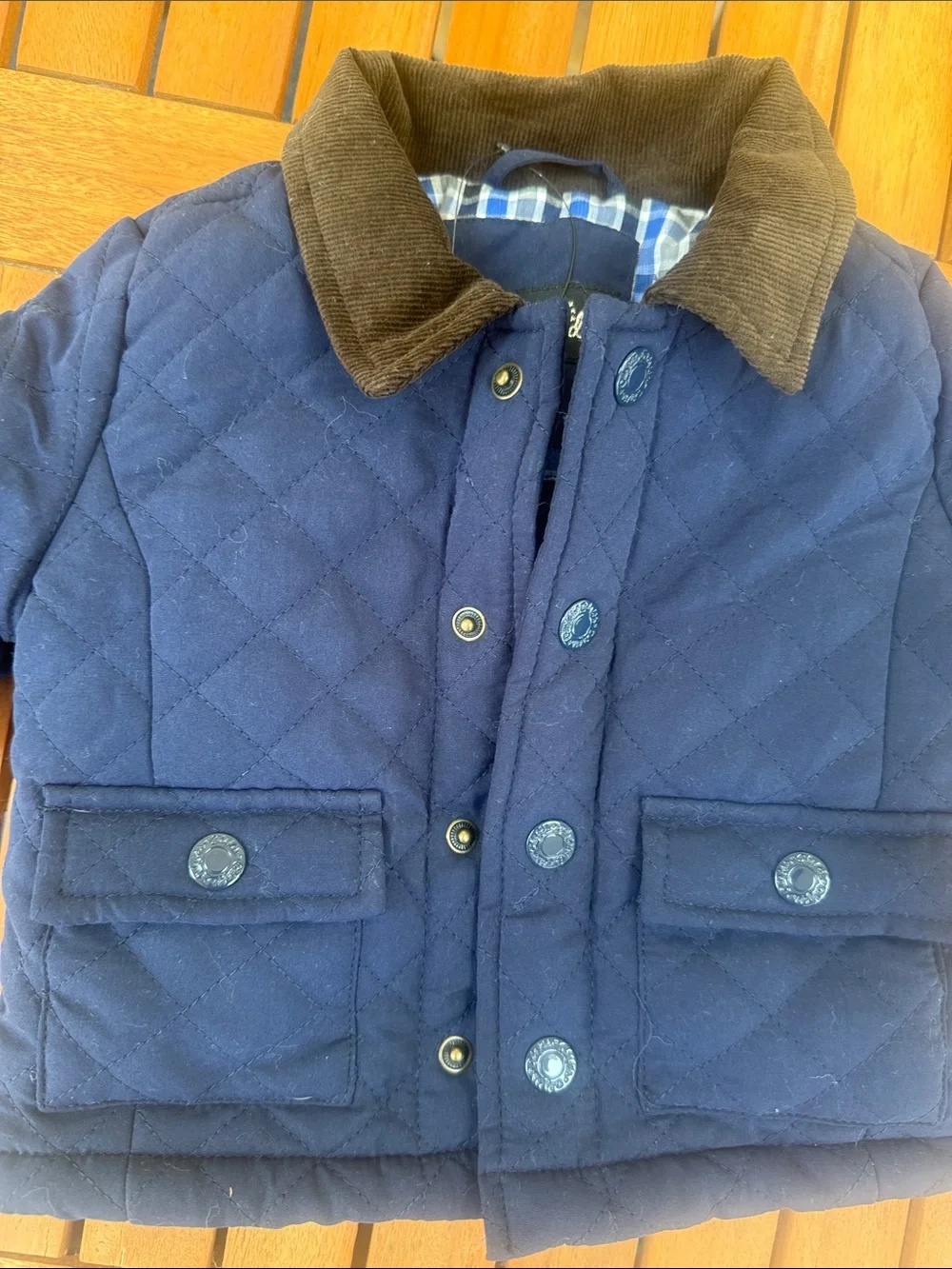 Kids Quilted Navy Blue Jacket with Corduroy Collar